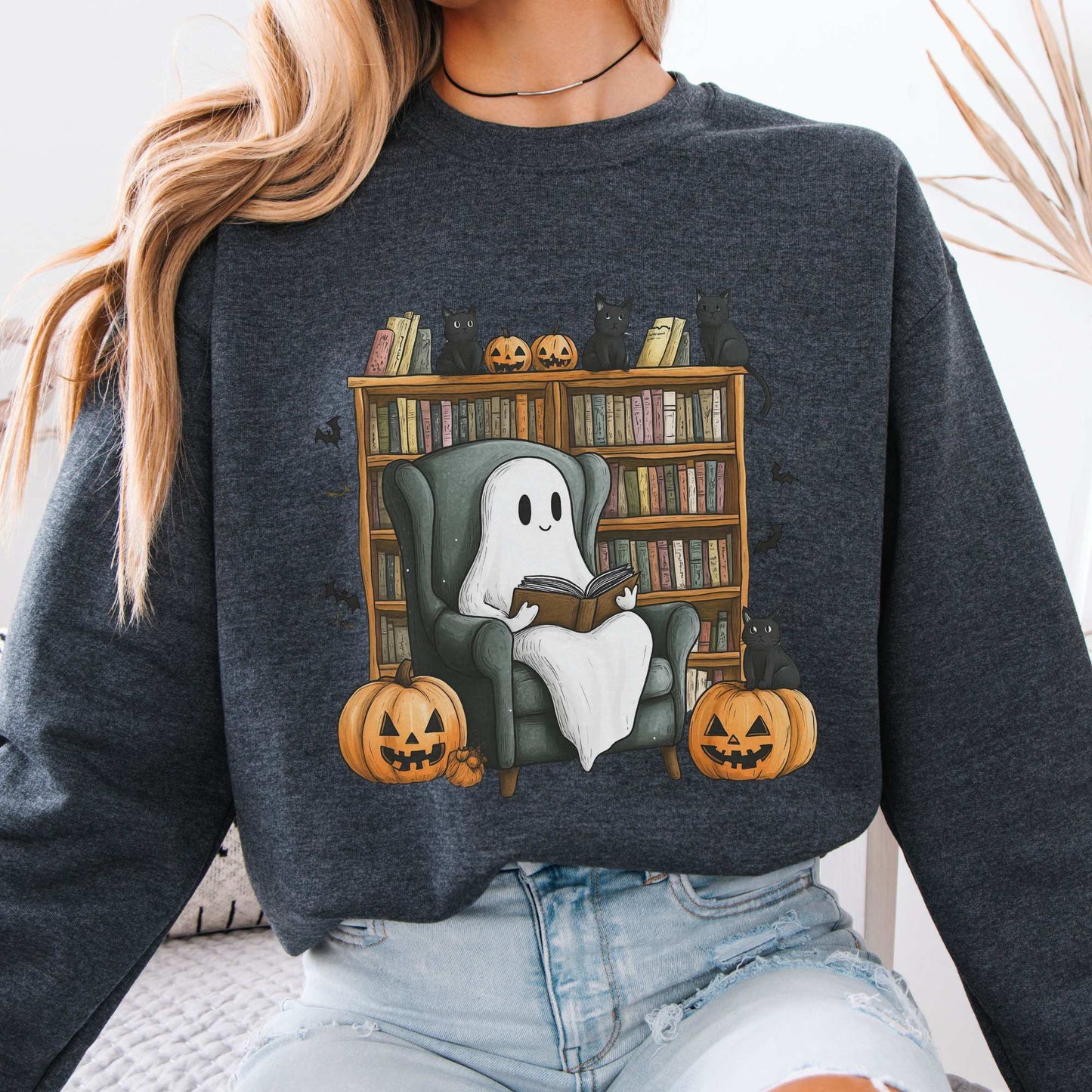 Happy Reading Ghost with Black Cats Sweatshirt Dark Heather / S Sweatshirt The Mystic Eden Bookish Book Lovers