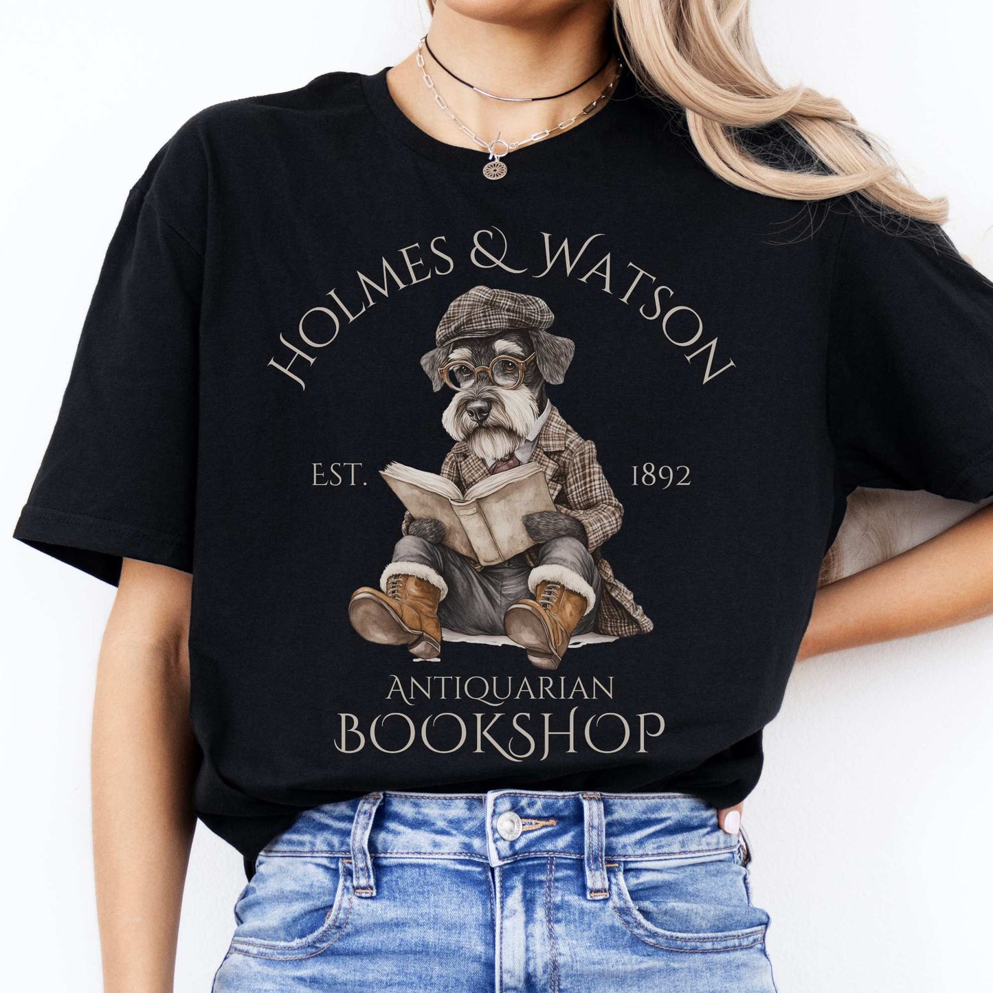 Holmes & Watson Antiquarian Bookshop Sherlock Dog Shirt Black / S T-Shirt The Mystic Eden Bookish Book Lovers