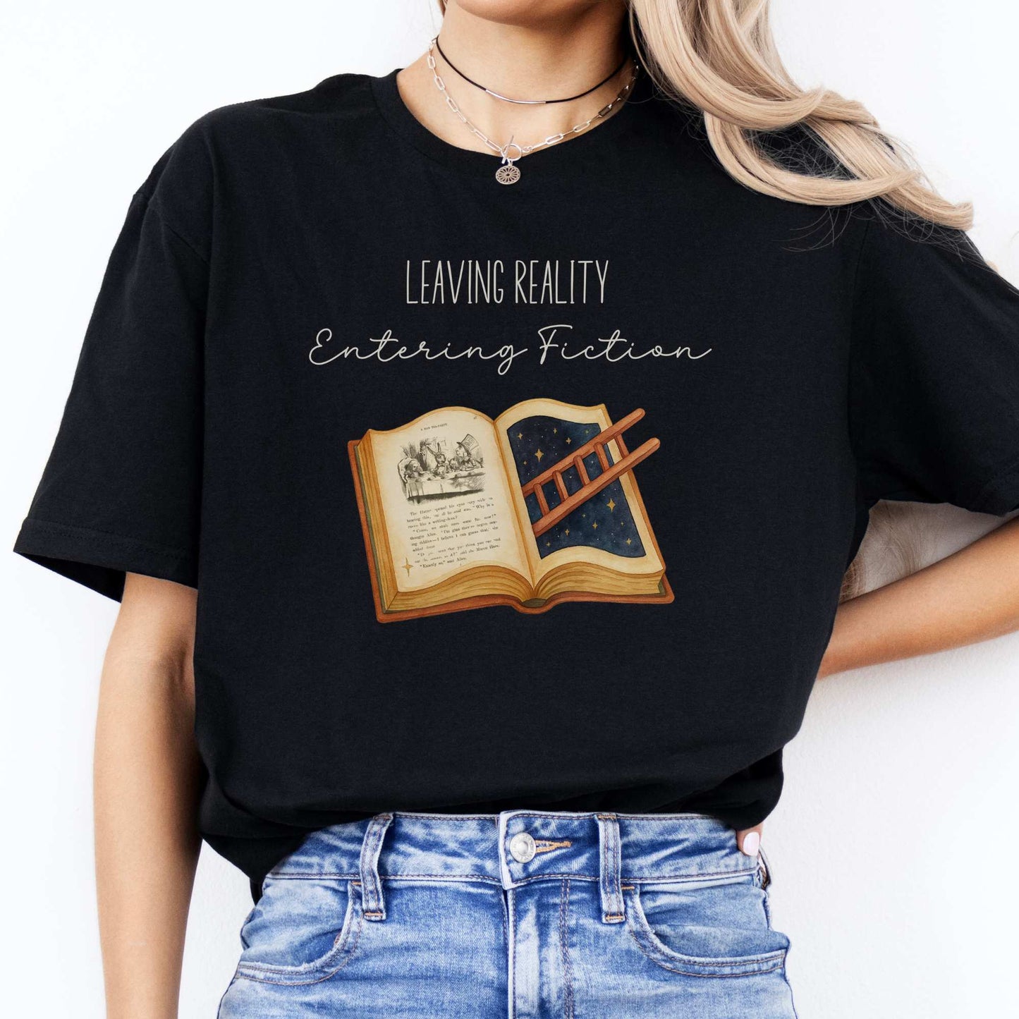 Leaving Reality Entering Fiction T-Shirt Black / S T-Shirt The Mystic Eden Bookish Book Lovers