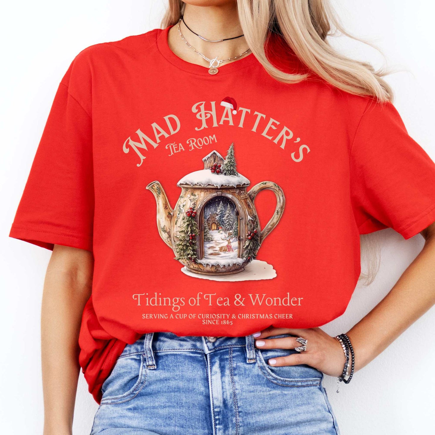 Mad Hatter's Tea Room Christmas Edition Tee Red / S T-Shirt The Mystic Eden Bookish Book Lovers