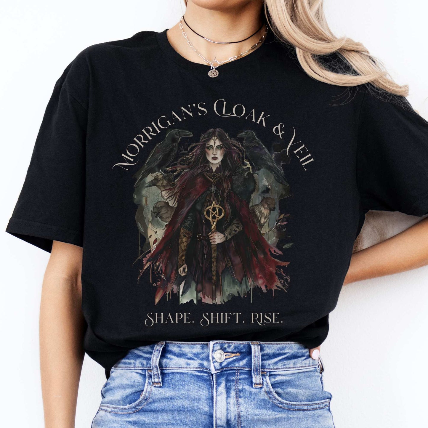 Morrigan's Cloak & Veil T-Shirt – Celtic Goddess Tee Black / S T-Shirt The Mystic Eden Bookish Book Lovers