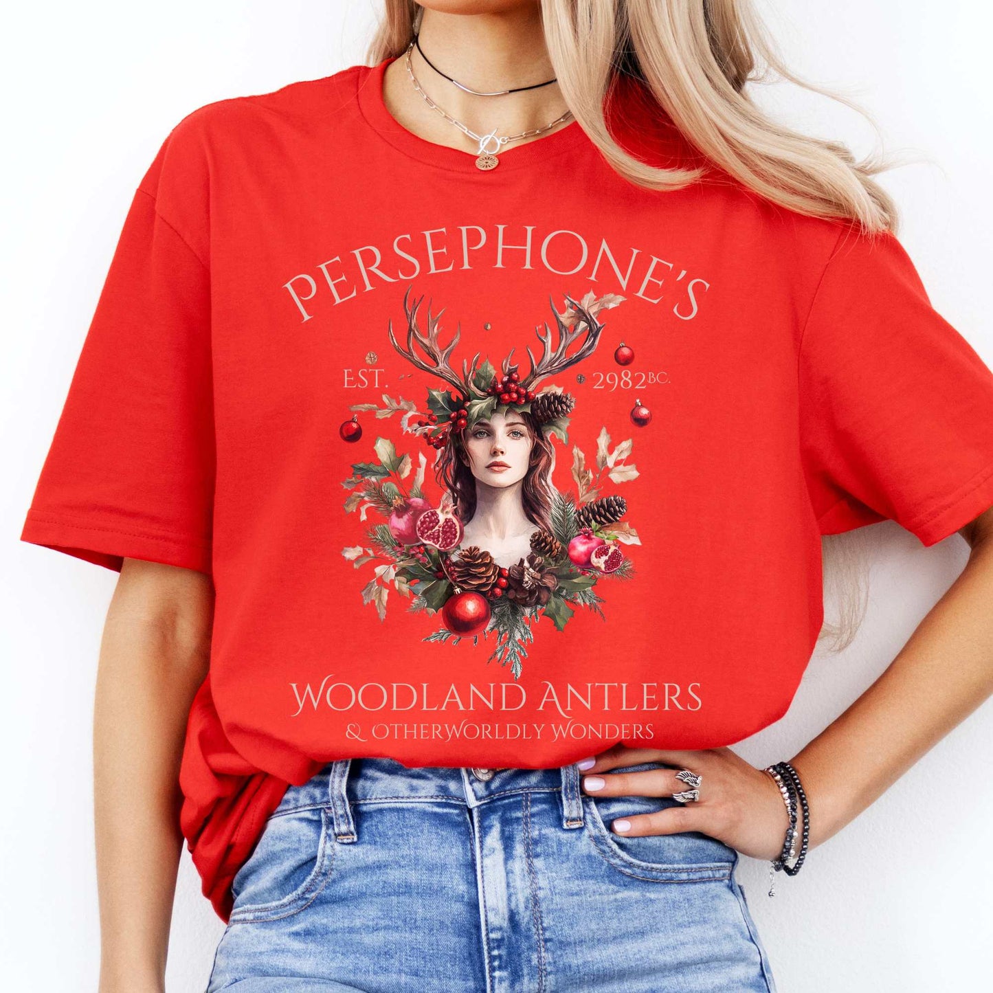 Persephone's Woodland Antlers Christmas T-Shirt Red / S T-Shirt The Mystic Eden Bookish Book Lovers