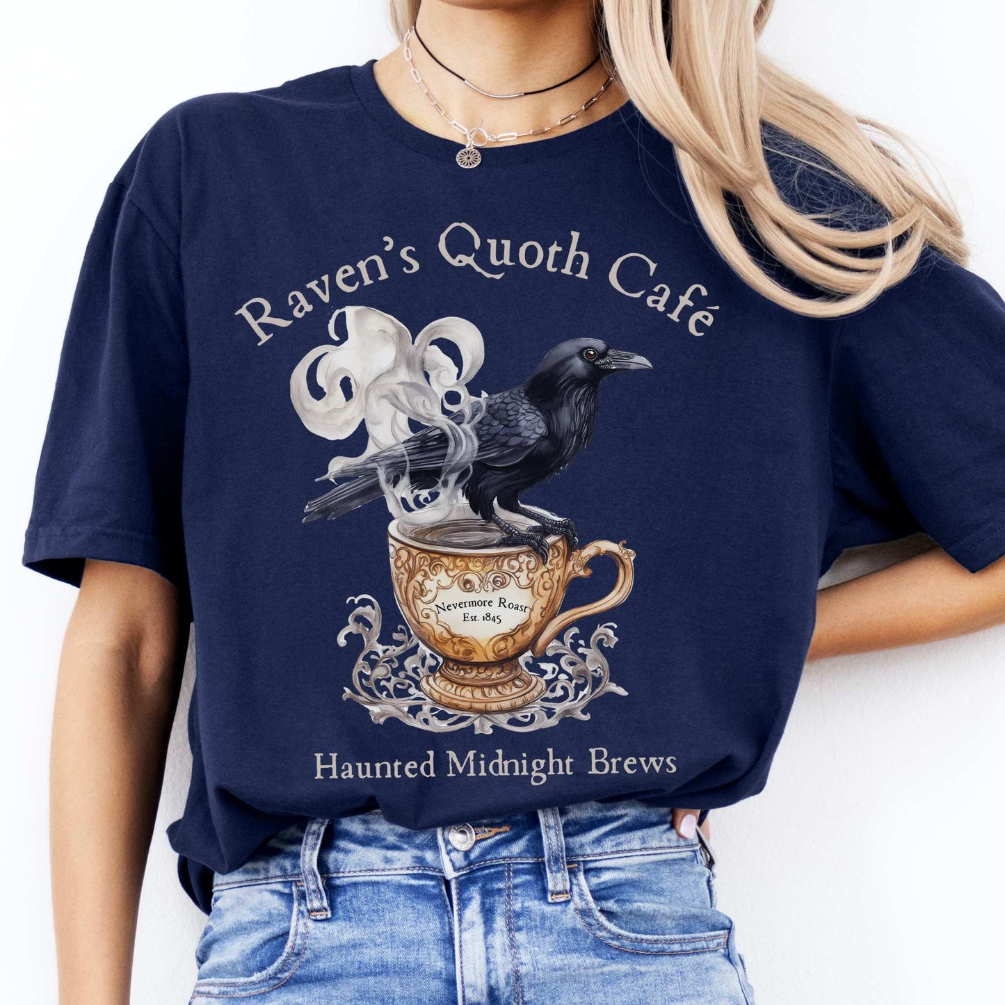 Raven Quoth Cafe Haunted Midnight Brews Edgar Allan Poe Shirt Navy / S T-Shirt The Mystic Eden Bookish Book Lovers