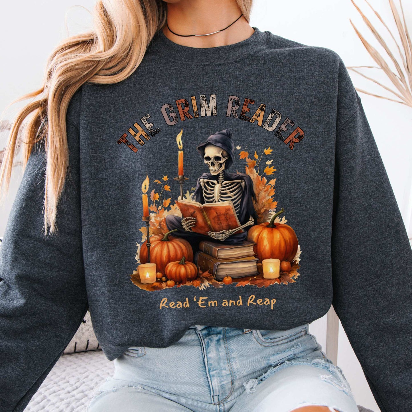 The Grim Reader Halloween Fall Sweater Dark Heather / S Sweatshirt The Mystic Eden Bookish Book Lovers