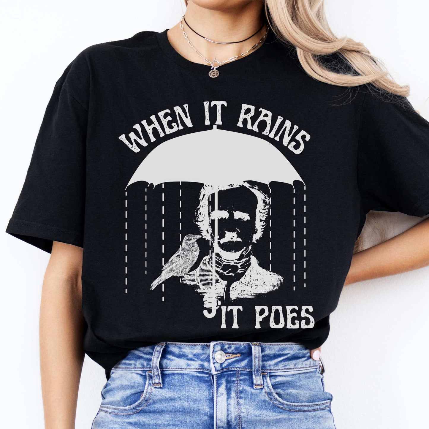 When It Rains It Poes Tee Black / S T-Shirt The Mystic Eden Bookish Book Lovers