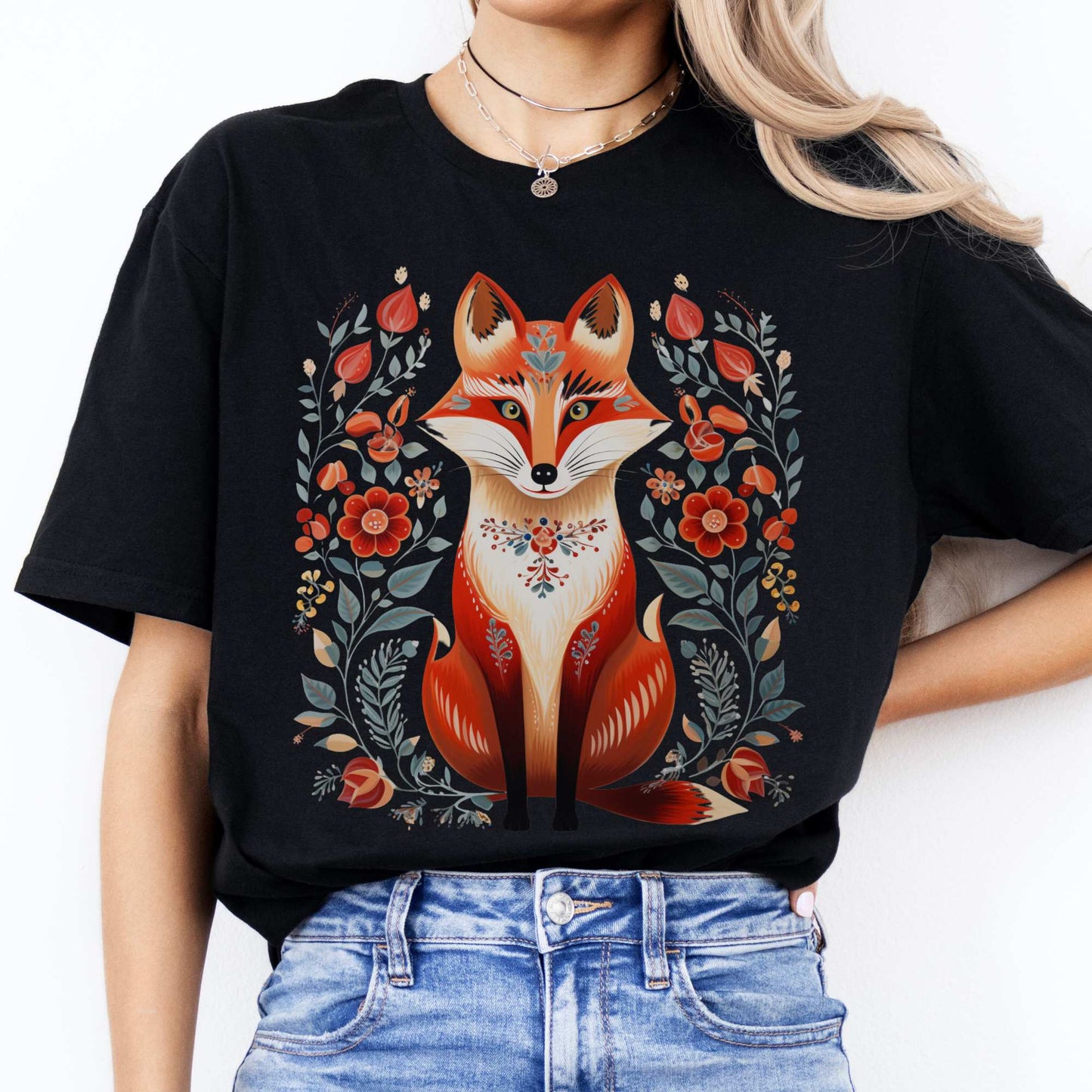 Whimsical Scandinavian Folk Art Fox Shirt Black / S T-Shirt The Mystic Eden Bookish Book Lovers