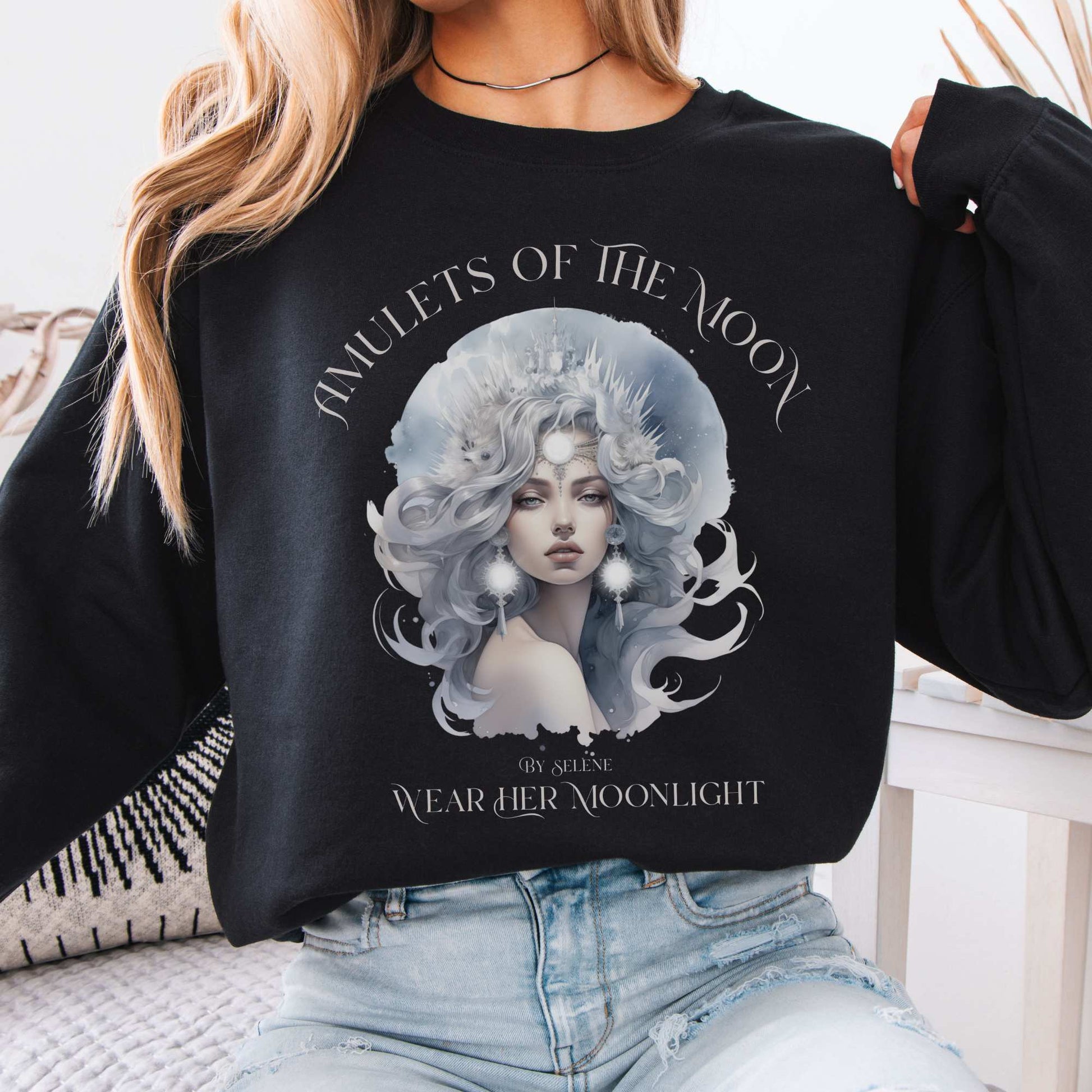 Amulets of the Moon By Selene Mythology Sweatshirt Black / S Sweatshirt The Mystic Eden Bookish Book Lovers
