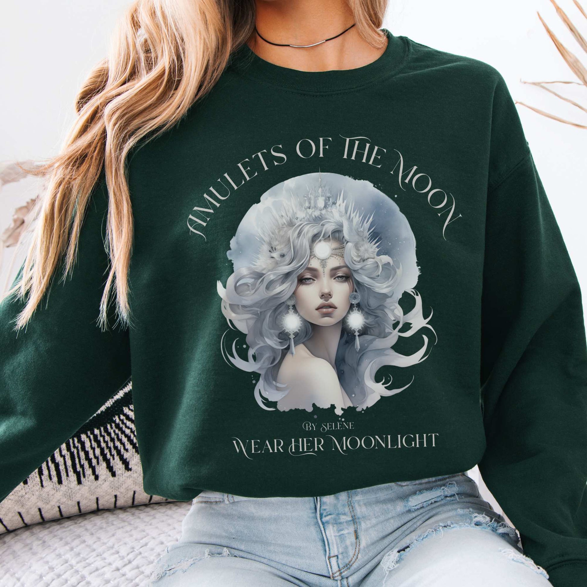 Amulets of the Moon By Selene Mythology Sweatshirt Forest Green / S Sweatshirt The Mystic Eden Bookish Book Lovers