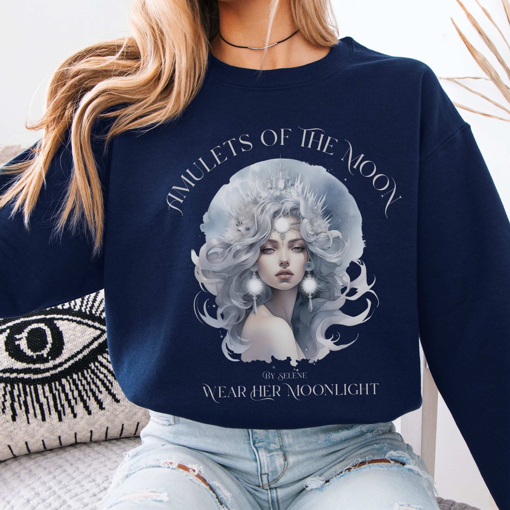 Amulets of the Moon By Selene Mythology Sweatshirt Navy / S Sweatshirt The Mystic Eden Bookish Book Lovers