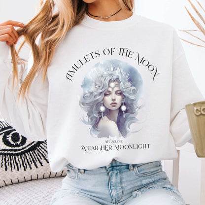 Amulets of the Moon By Selene Mythology Sweatshirt White / S Sweatshirt The Mystic Eden Bookish Book Lovers