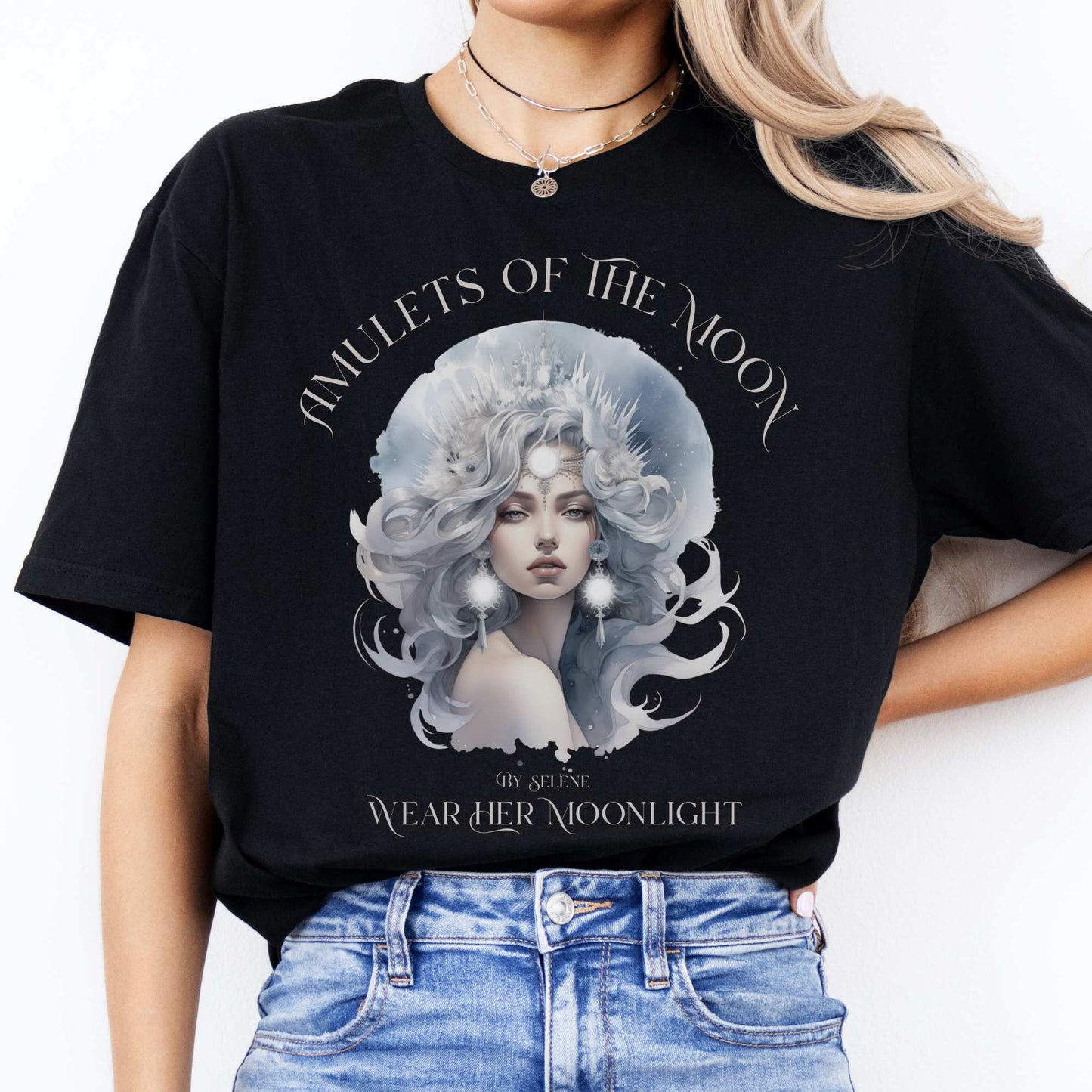 Amulets of the Moon T-Shirt – Selene Celestial Goddess Tee Black / S T-Shirt The Mystic Eden Bookish Book Lovers