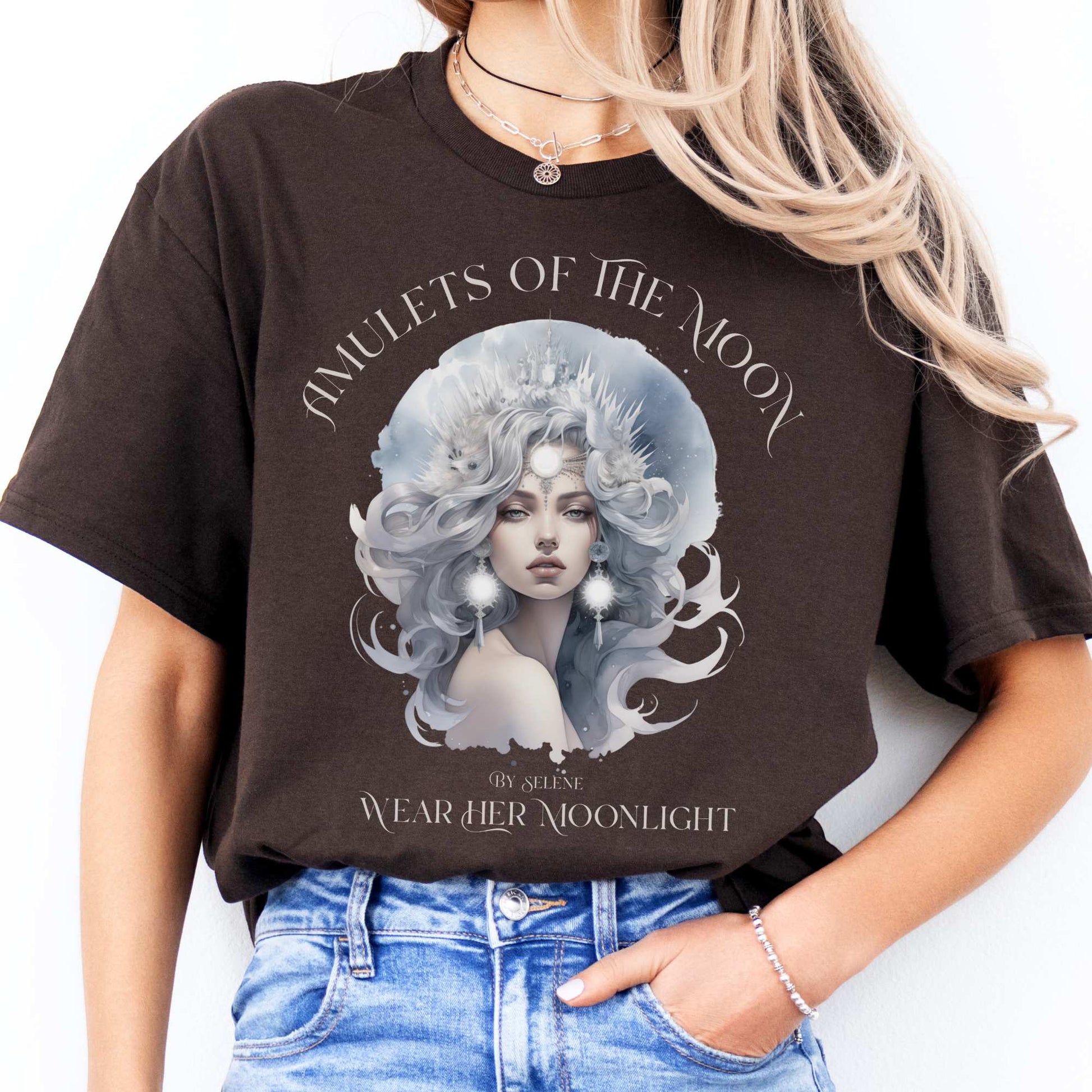 Amulets of the Moon T-Shirt – Selene Celestial Goddess Tee Dark Chocolate / S T-Shirt The Mystic Eden Bookish Book Lovers