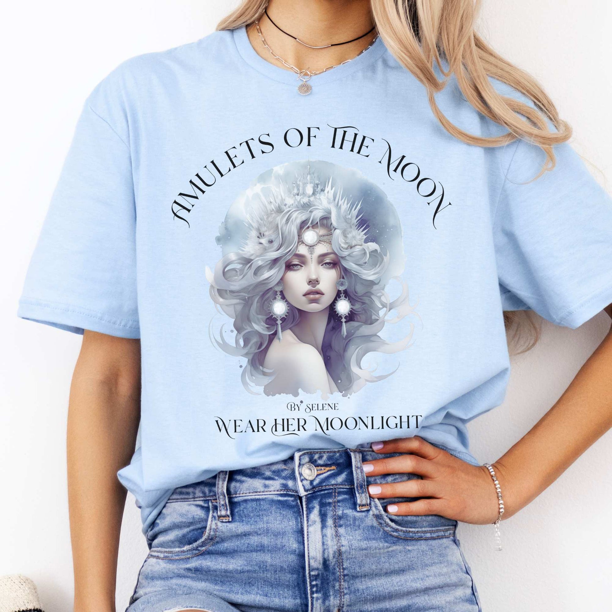 Amulets of the Moon T-Shirt – Selene Celestial Goddess Tee Light Blue / S T-Shirt The Mystic Eden Bookish Book Lovers