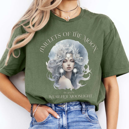 Amulets of the Moon T-Shirt – Selene Celestial Goddess Tee Military Green / S T-Shirt The Mystic Eden Bookish Book Lovers