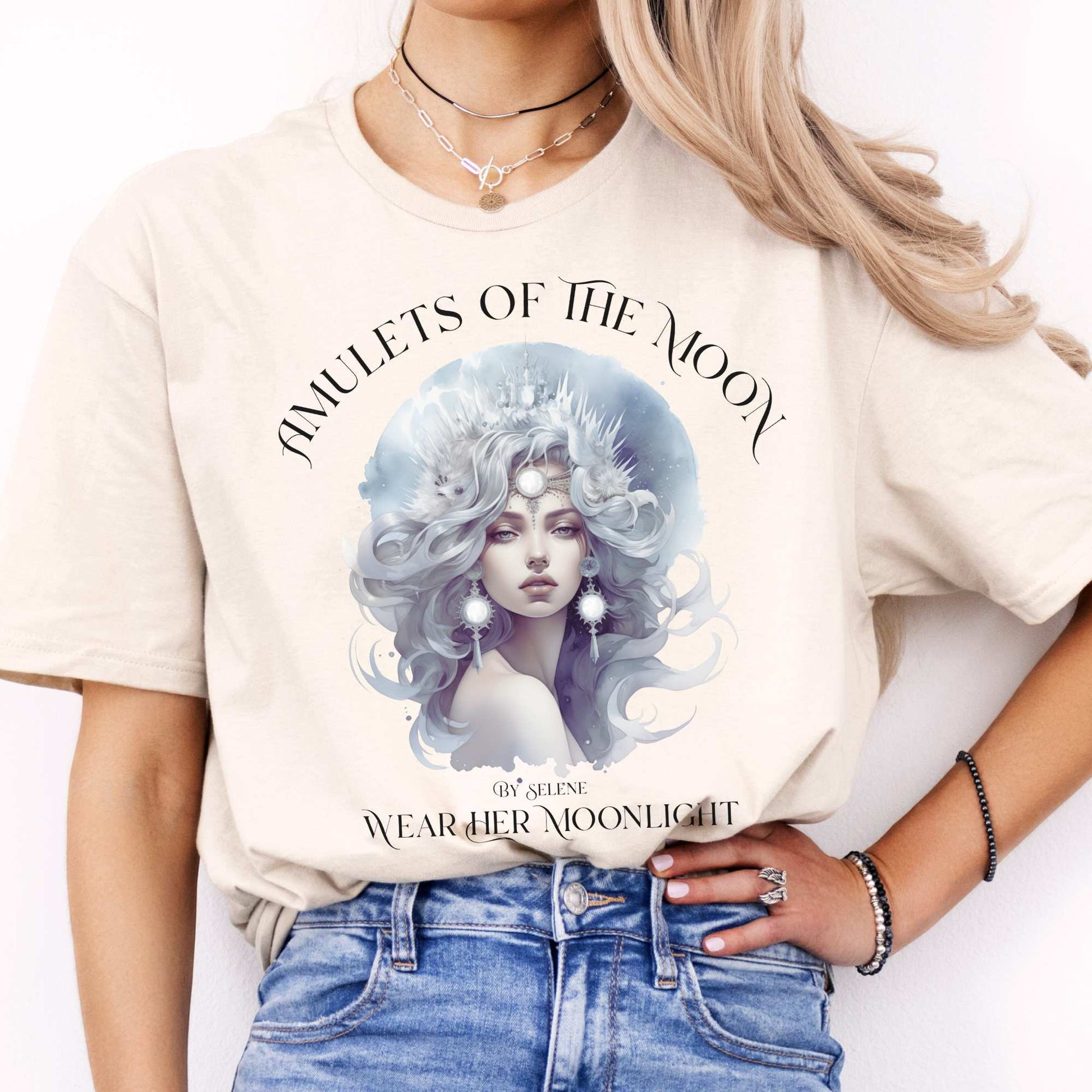 Amulets of the Moon T-Shirt – Selene Celestial Goddess Tee Natural / S T-Shirt The Mystic Eden Bookish Book Lovers