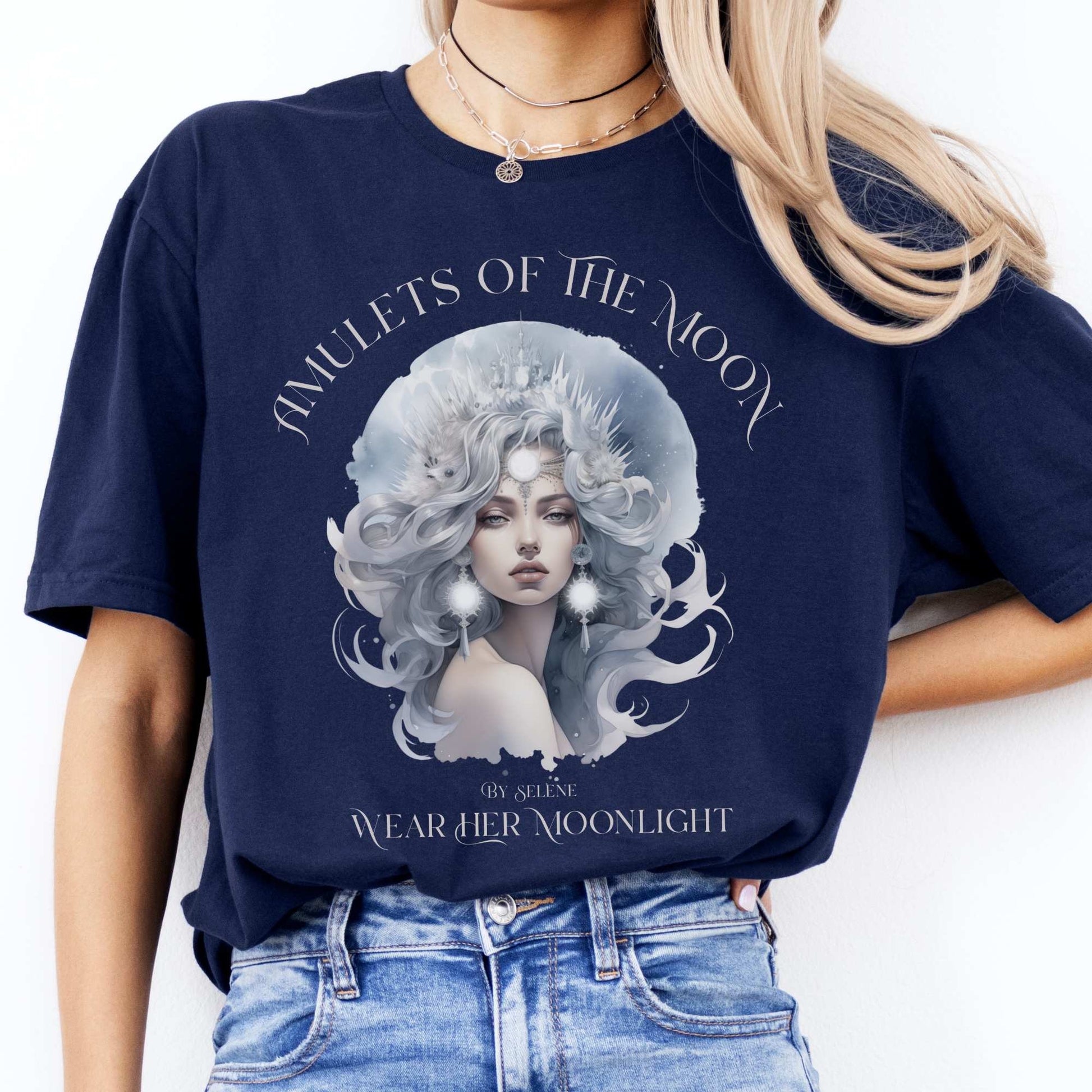 Amulets of the Moon T-Shirt – Selene Celestial Goddess Tee Navy / S T-Shirt The Mystic Eden Bookish Book Lovers