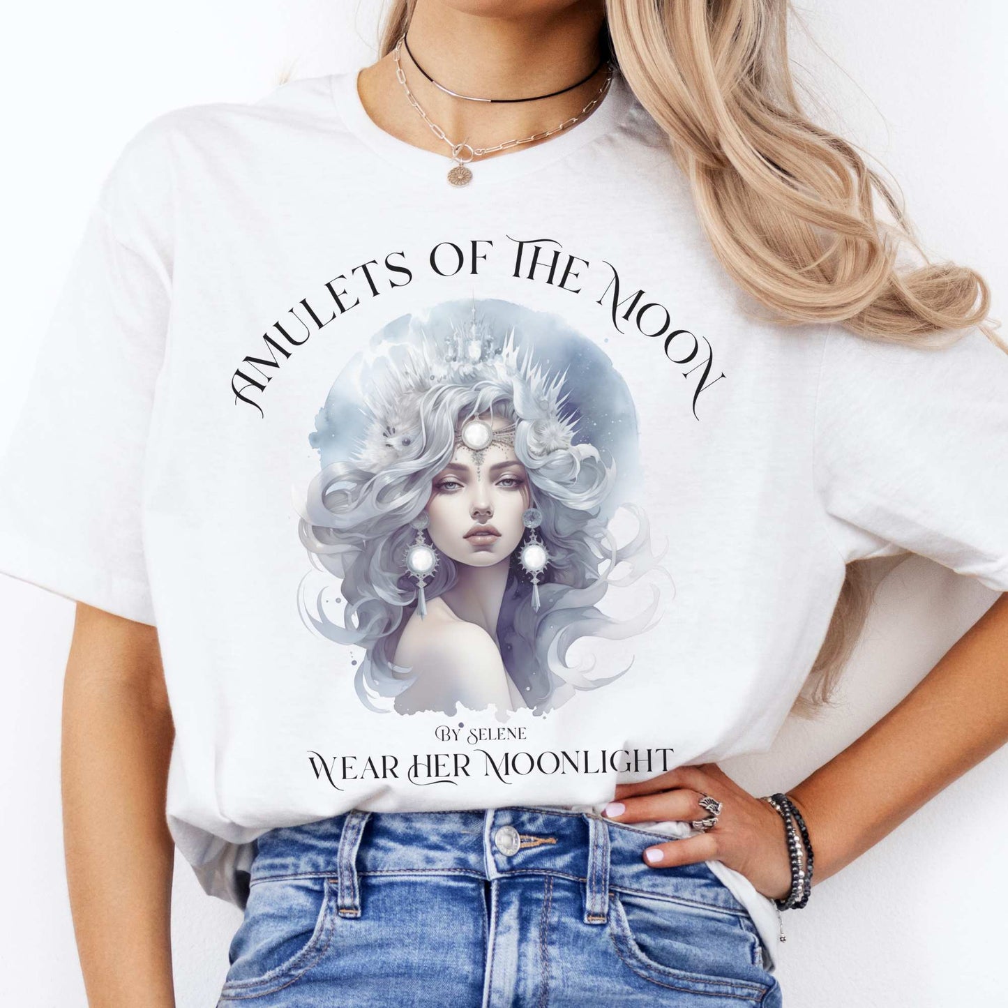 Amulets of the Moon T-Shirt – Selene Celestial Goddess Tee White / S T-Shirt The Mystic Eden Bookish Book Lovers