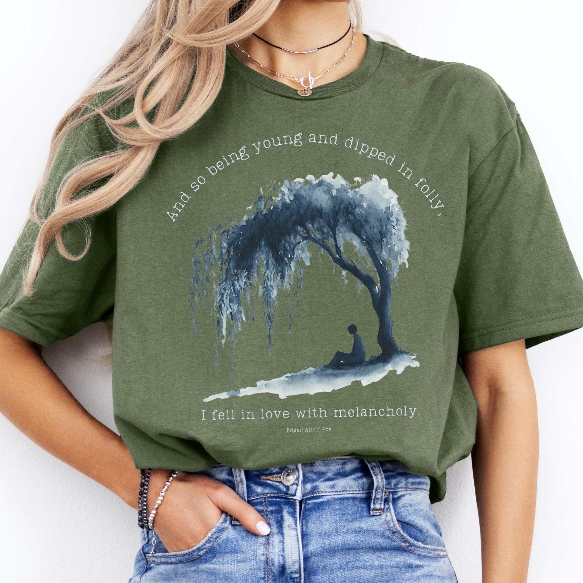 And So Being Young Edgar Allan Poe Shirt Military Green / S T-Shirt The Mystic Eden Bookish Book Lovers