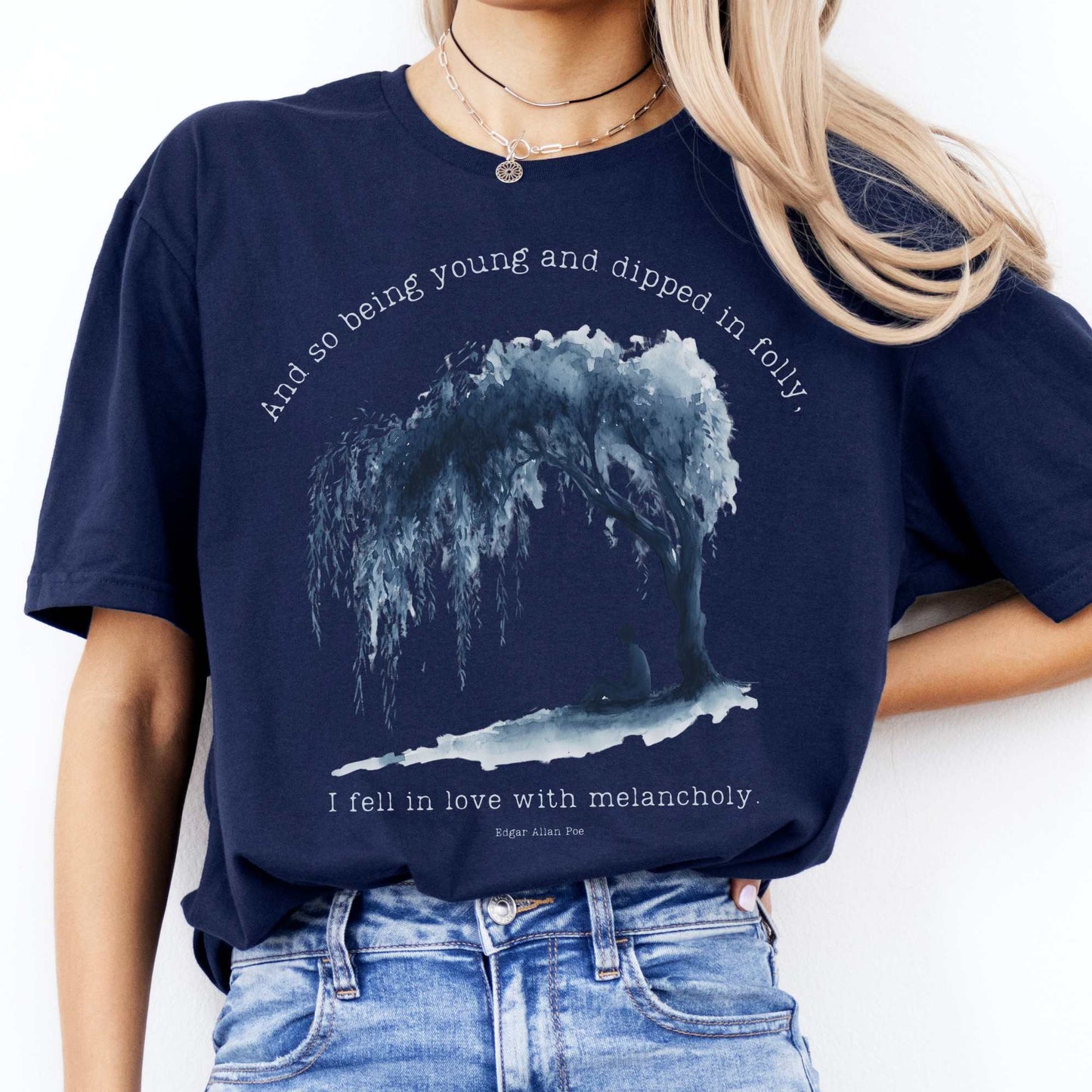 And So Being Young Edgar Allan Poe Shirt Navy / S T-Shirt The Mystic Eden Bookish Book Lovers