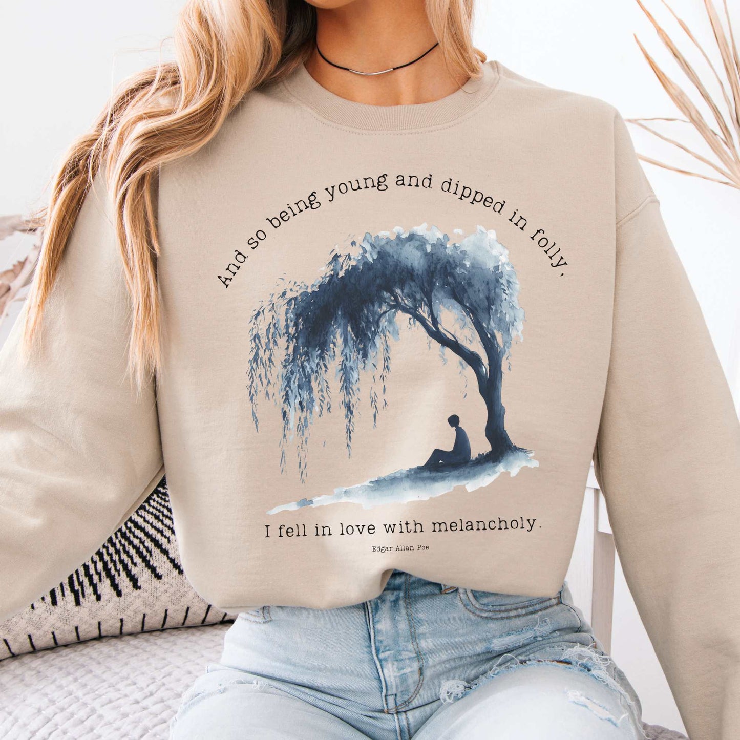 And So Being Young  Edgar Allan Poe Sweatshirt Sand / S Sweatshirt The Mystic Eden Bookish Book Lovers