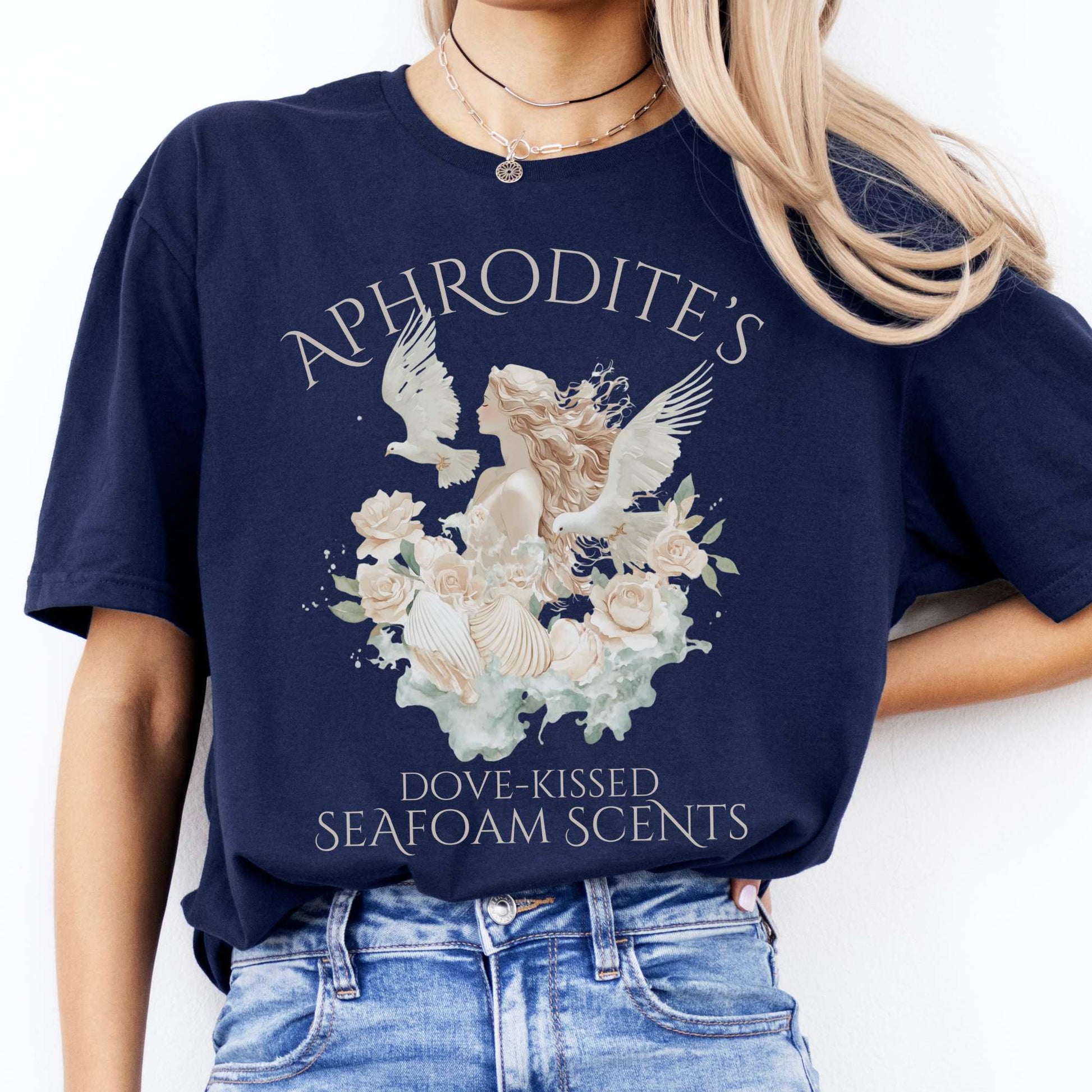Aphrodite's Dove-Kissed Seafoam Scents Tee Navy / S T-Shirt The Mystic Eden Bookish Book Lovers