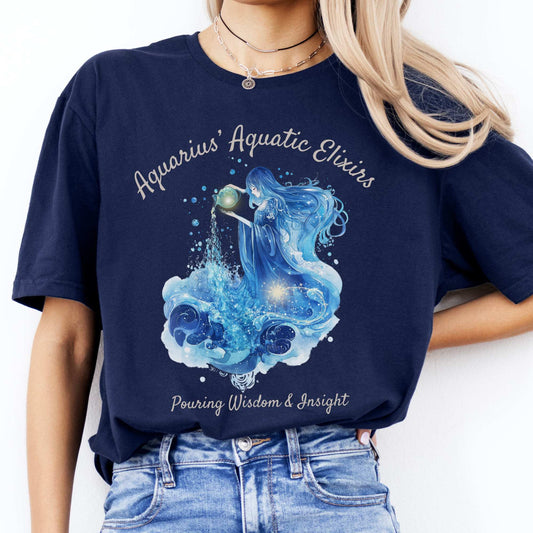 Aquarius Aquatic Elixirs Zodiac Shirt Navy / S T-Shirt The Mystic Eden Bookish Book Lovers