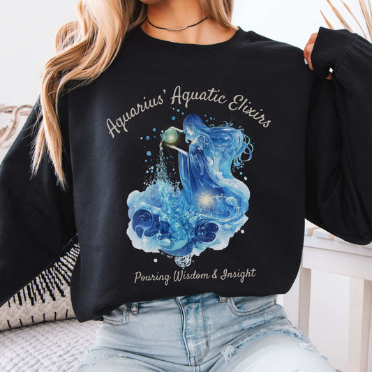Aquarius' Aquatic Elixirs Zodiac Sweatshirt Black / S Sweatshirt The Mystic Eden Bookish Book Lovers