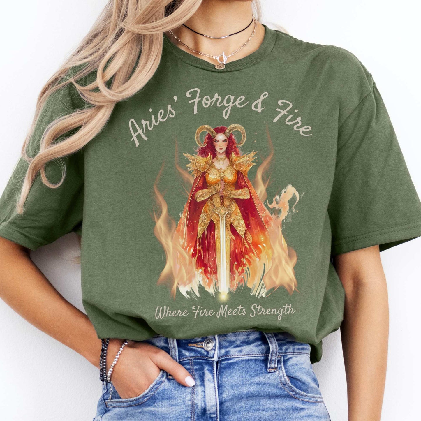 Aries' Forge & Fire Zodiac Shirt Military Green / S T-Shirt The Mystic Eden Bookish Book Lovers