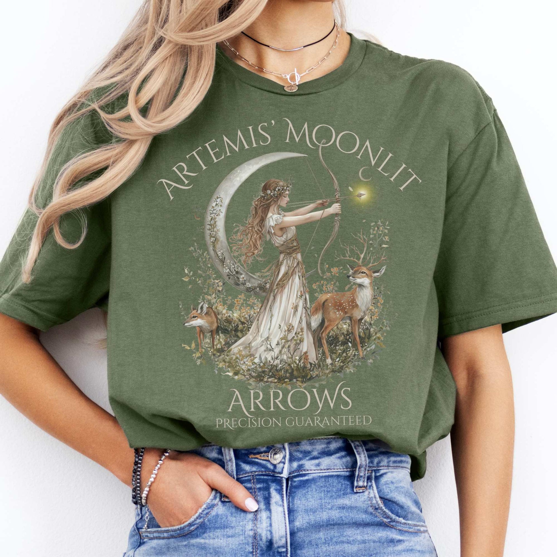 Artemis' Moonlit Arrows Greek Goddess Tee Military Green / S T-Shirt The Mystic Eden Bookish Book Lovers
