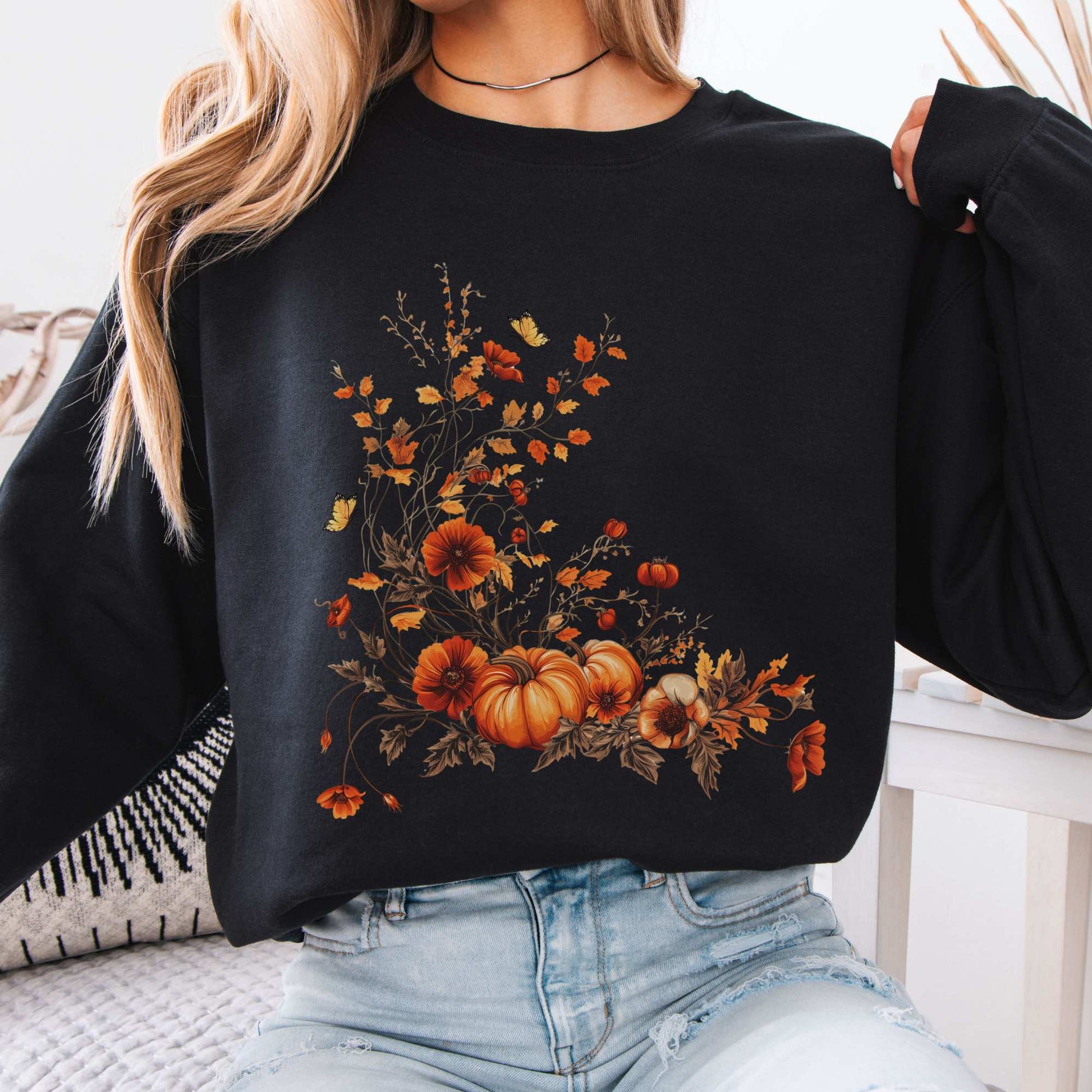 Autumn Floral Pumpkin Sweatshirt Black / S Sweatshirt The Mystic Eden Bookish Book Lovers