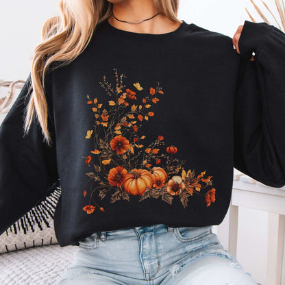 Autumn Floral Pumpkin Sweatshirt Black / S Sweatshirt The Mystic Eden Bookish Book Lovers