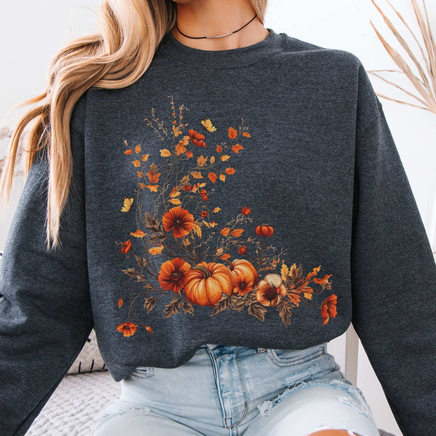 Autumn Floral Pumpkin Sweatshirt Dark Heather / S Sweatshirt The Mystic Eden Bookish Book Lovers