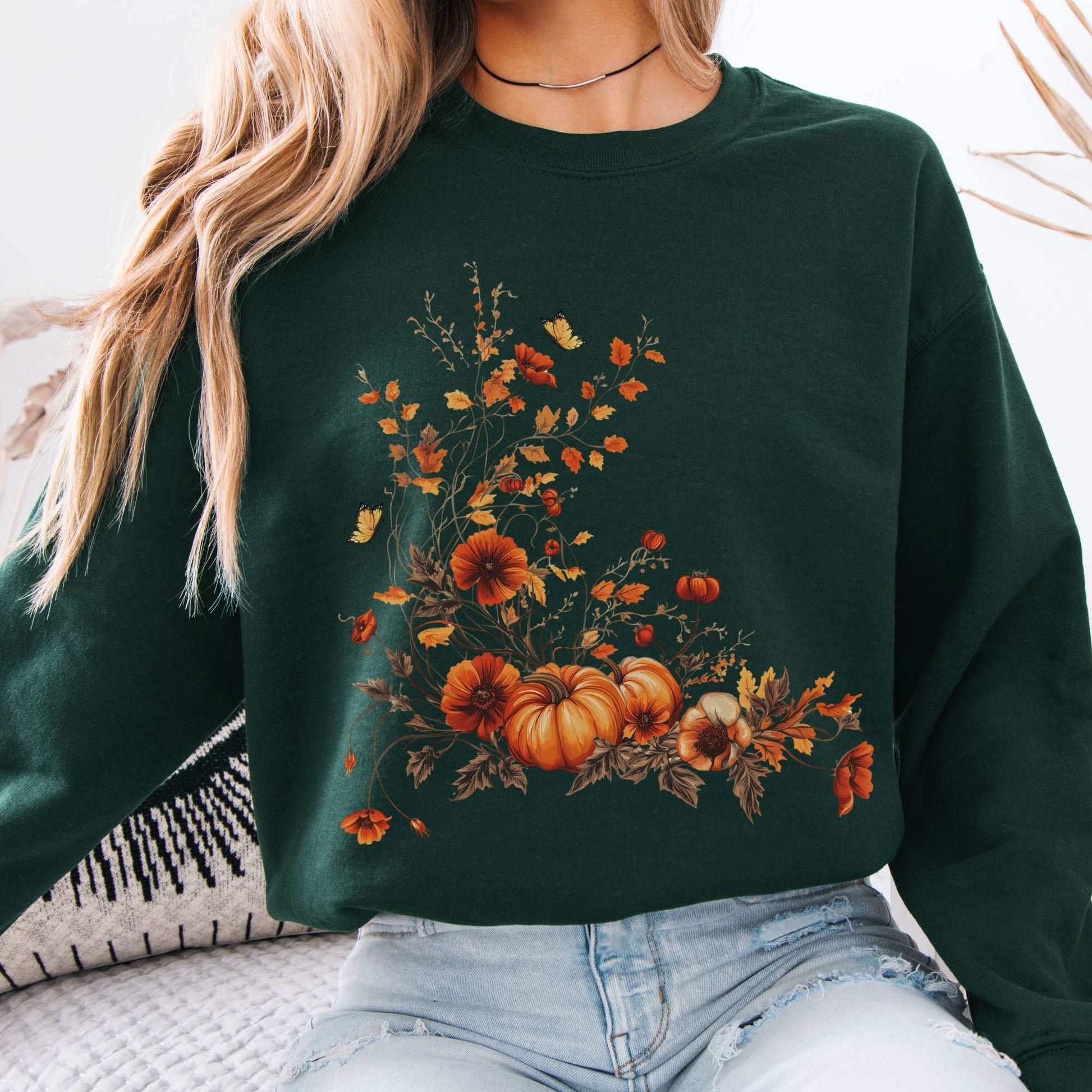 Autumn Floral Pumpkin Sweatshirt Forest Green / S Sweatshirt The Mystic Eden Bookish Book Lovers