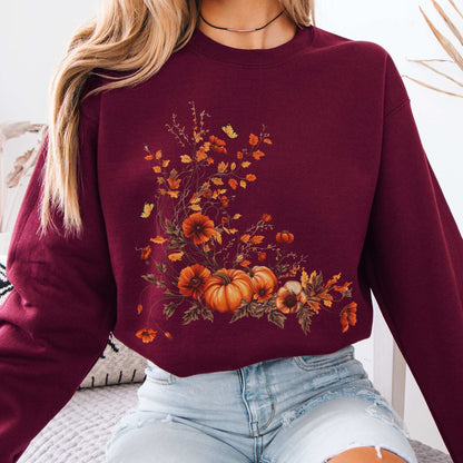 Autumn Floral Pumpkin Sweatshirt Maroon / S Sweatshirt The Mystic Eden Bookish Book Lovers