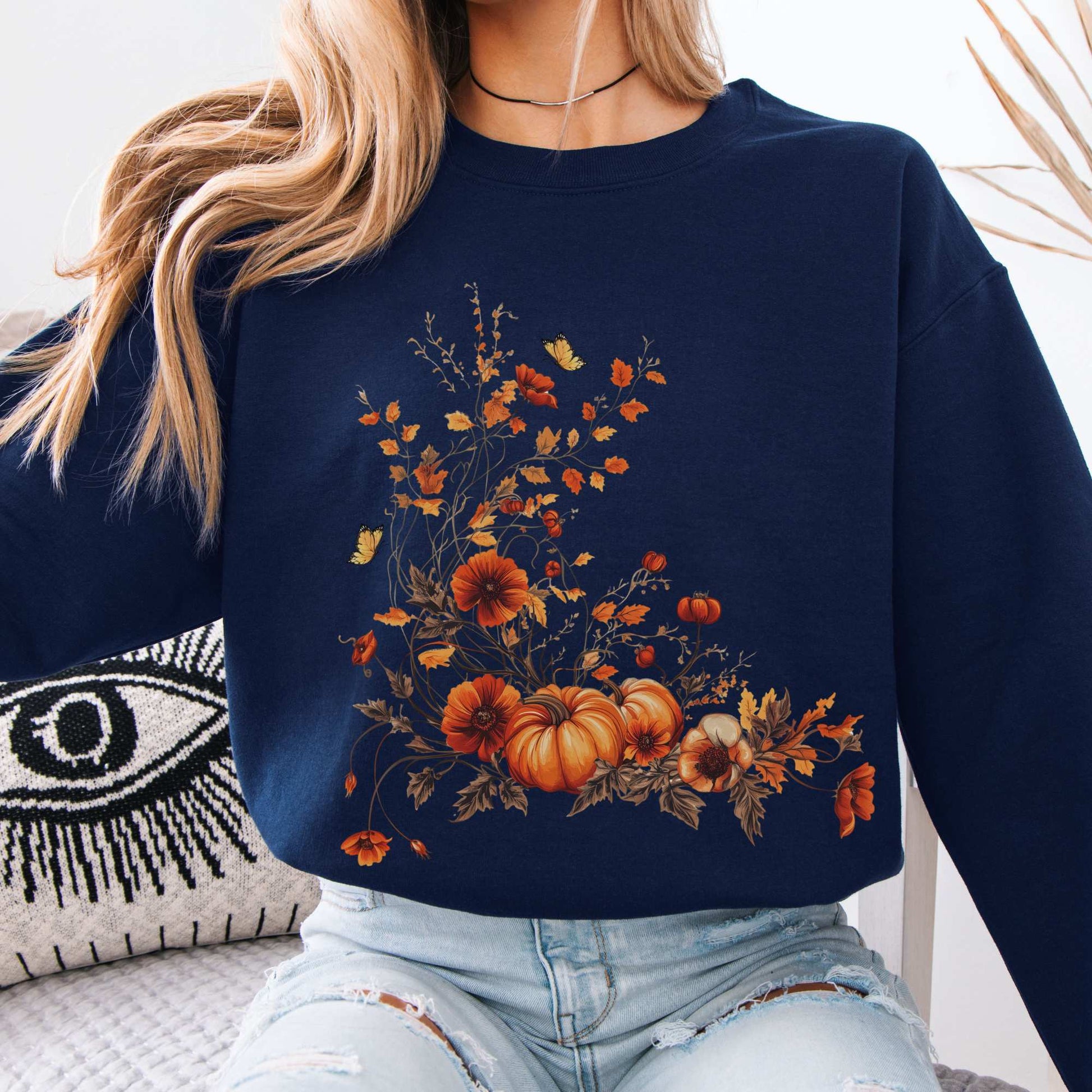 Autumn Floral Pumpkin Sweatshirt Navy / S Sweatshirt The Mystic Eden Bookish Book Lovers