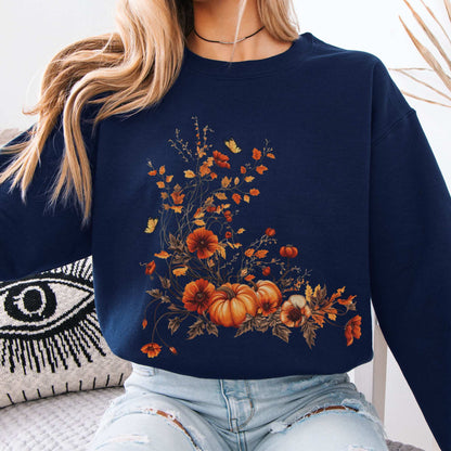 Autumn Floral Pumpkin Sweatshirt Navy / S Sweatshirt The Mystic Eden Bookish Book Lovers