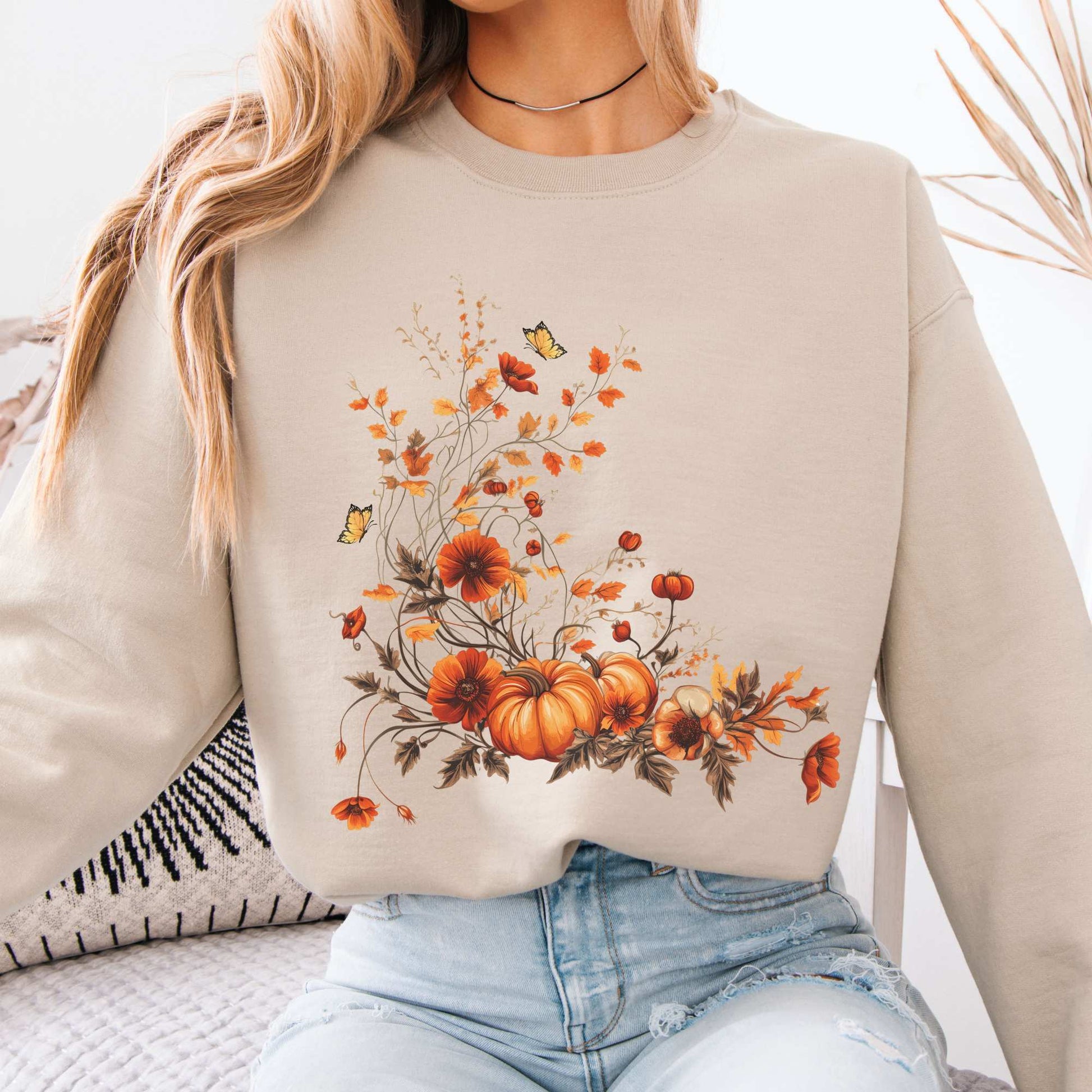 Autumn Floral Pumpkin Sweatshirt Sand / S Sweatshirt The Mystic Eden Bookish Book Lovers