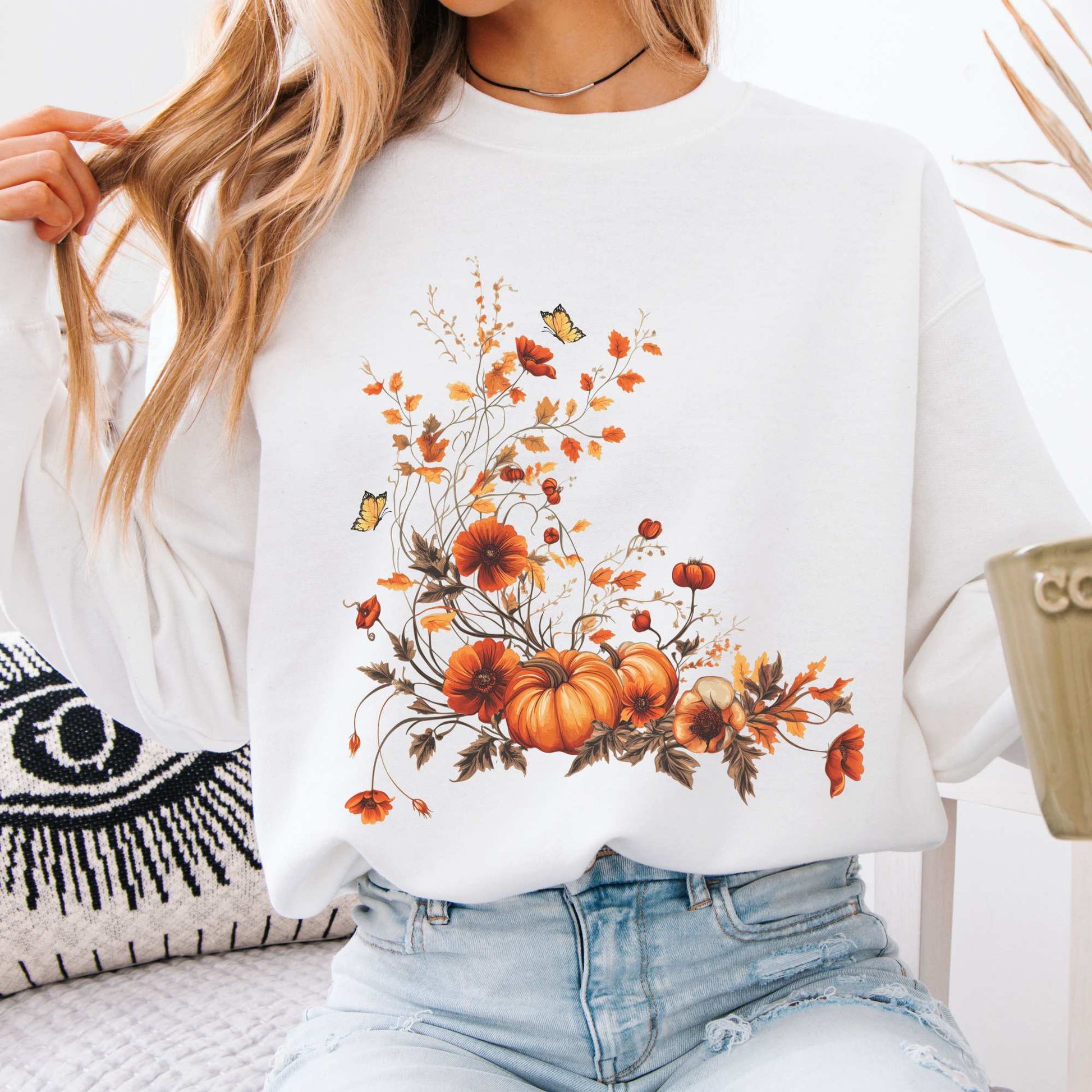 Autumn Floral Pumpkin Sweatshirt White / S Sweatshirt The Mystic Eden Bookish Book Lovers