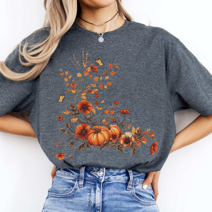 Autumn Floral Pumpkin Tee Dark Heather / S T-Shirt The Mystic Eden Bookish Book Lovers