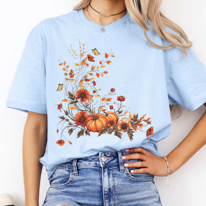 Autumn Floral Pumpkin Tee Light Blue / S T-Shirt The Mystic Eden Bookish Book Lovers