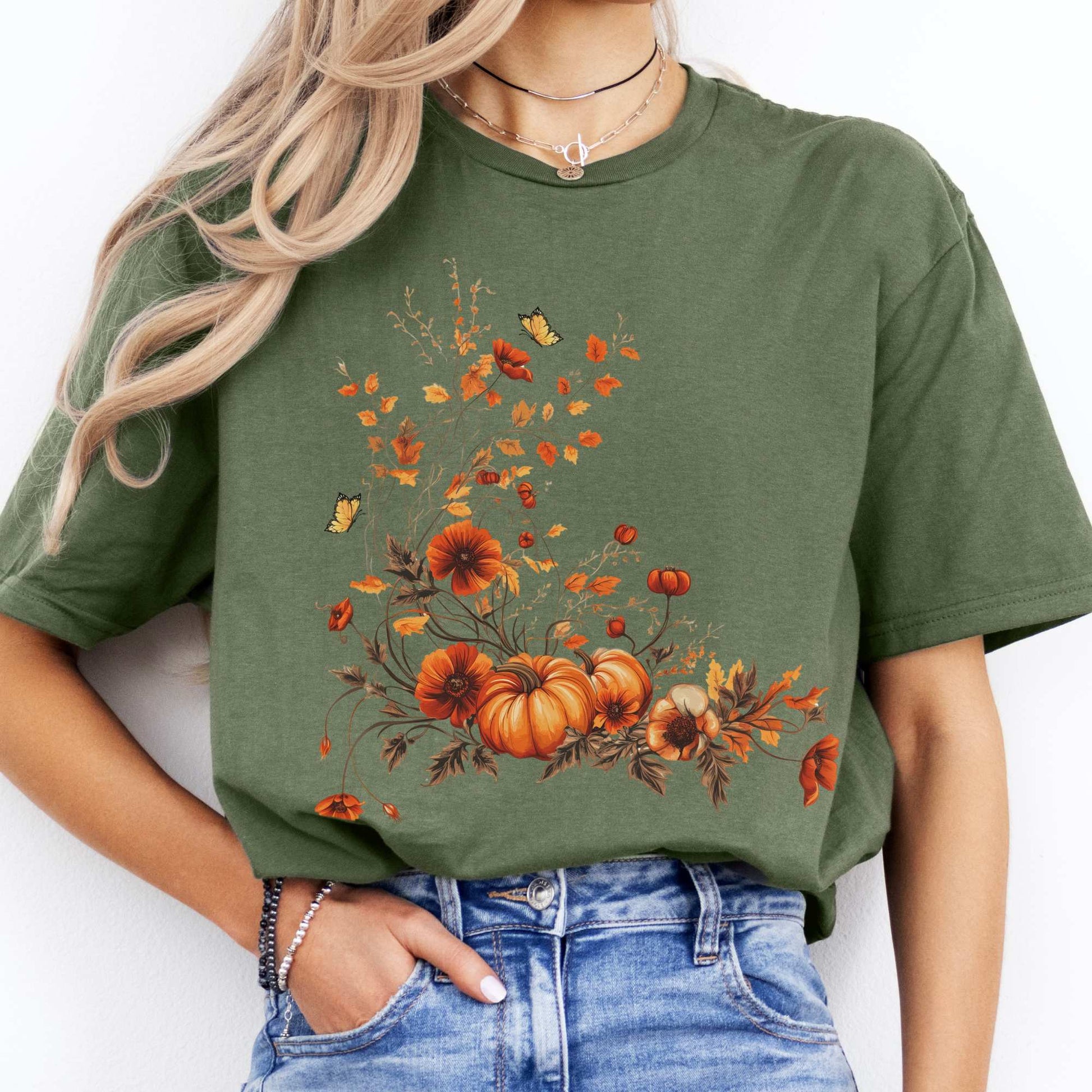 Autumn Floral Pumpkin Tee Military Green / S T-Shirt The Mystic Eden Bookish Book Lovers