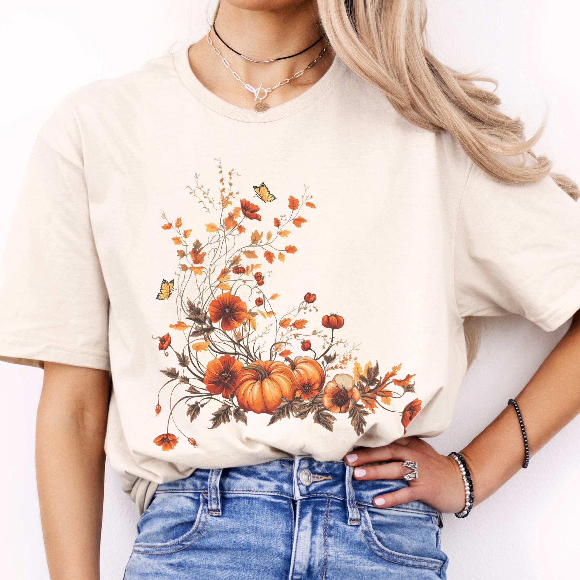 Autumn Floral Pumpkin Tee Natural / S T-Shirt The Mystic Eden Bookish Book Lovers