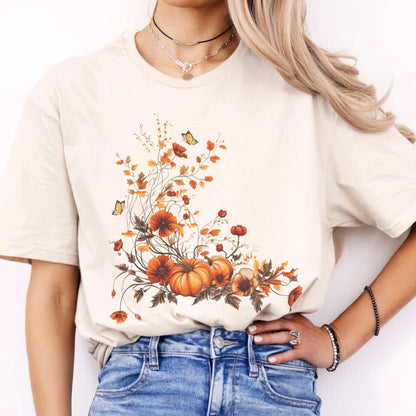 Autumn Floral Pumpkin Tee Natural / S T-Shirt The Mystic Eden Bookish Book Lovers