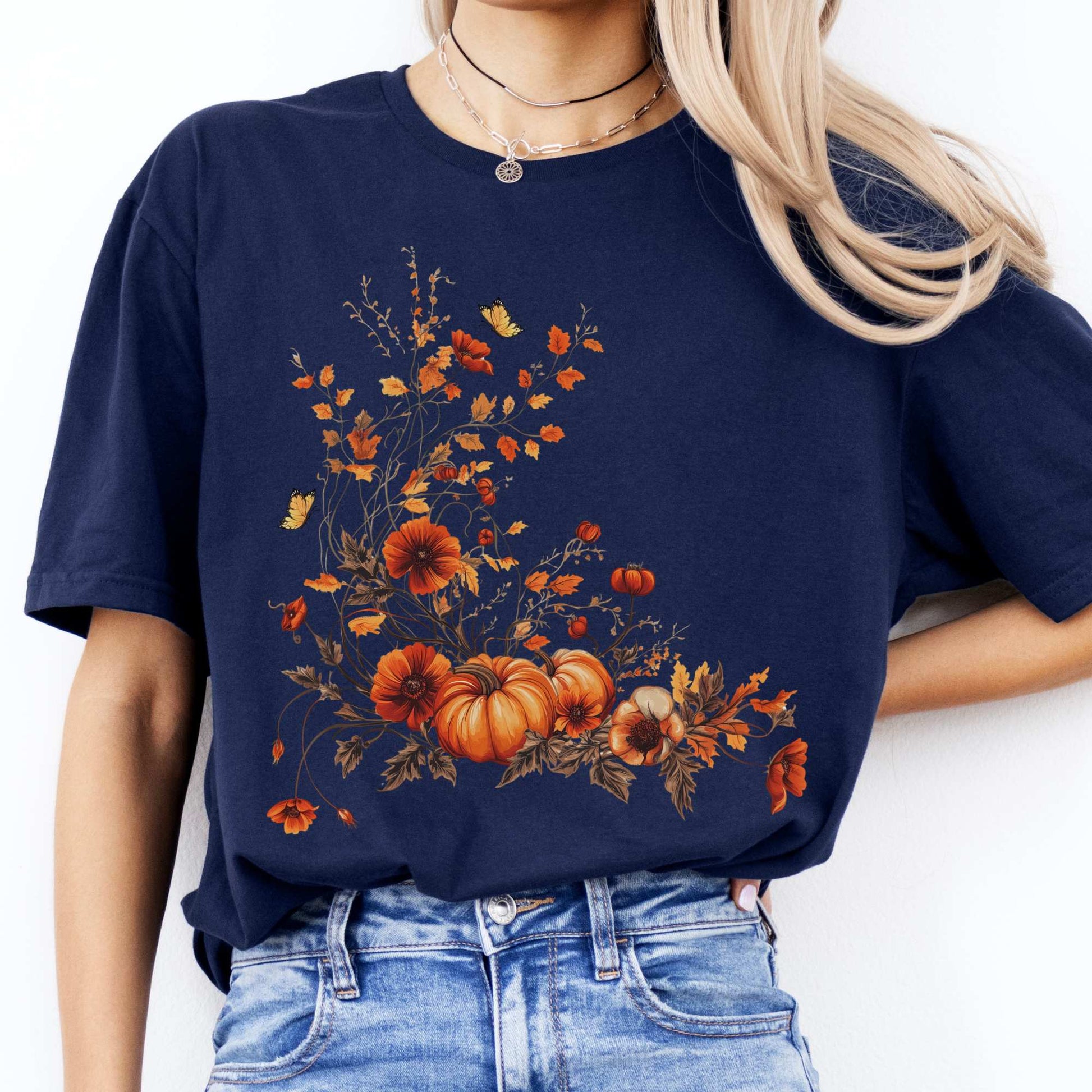 Autumn Floral Pumpkin Tee Navy / S T-Shirt The Mystic Eden Bookish Book Lovers
