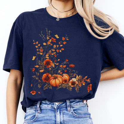 Autumn Floral Pumpkin Tee Navy / S T-Shirt The Mystic Eden Bookish Book Lovers