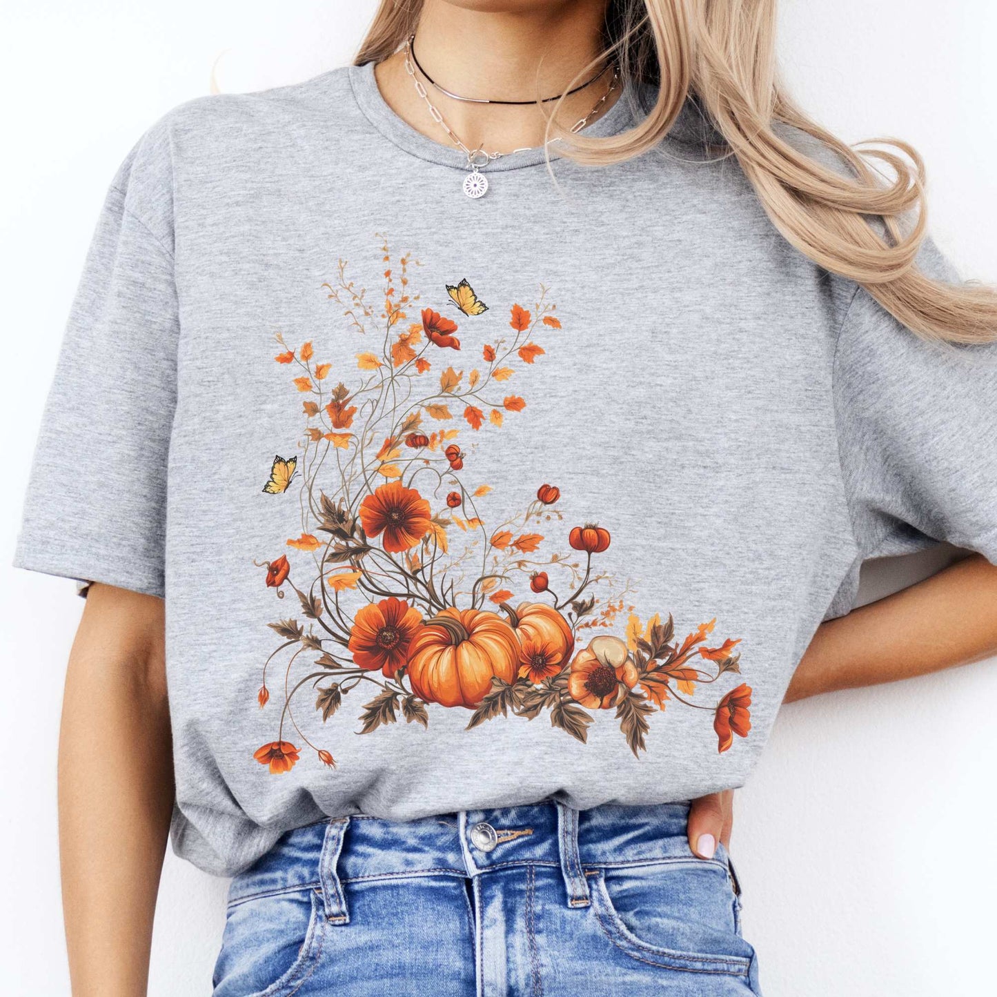 Autumn Floral Pumpkin Tee Sport Grey / S T-Shirt The Mystic Eden Bookish Book Lovers