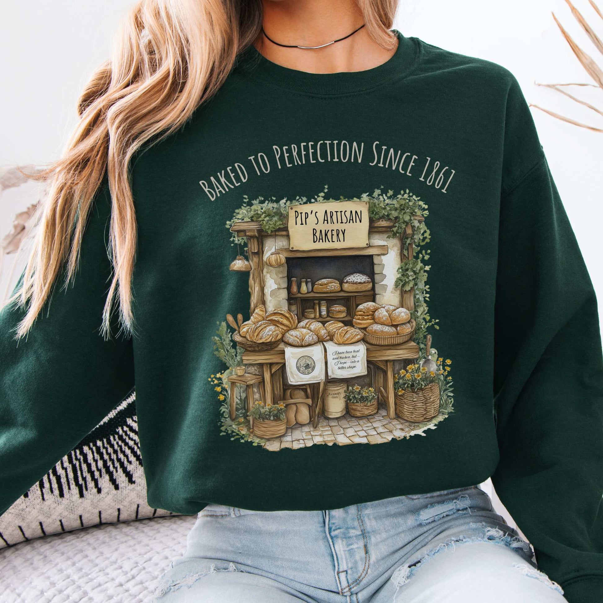 Baked To Perfection Since 1861 Pip's Artisan Bakery Great Expectations Sweatshirt Forest Green / S Sweatshirt The Mystic Eden Bookish Book Lovers
