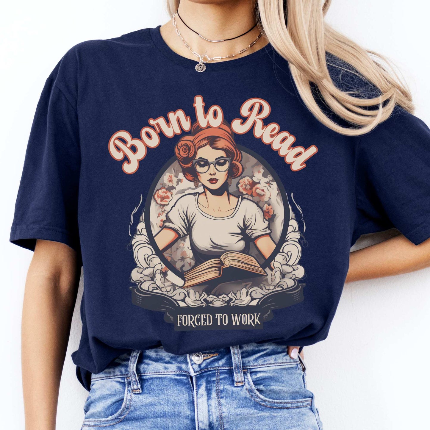 Born To Read Forced To Work Tee Navy / S T-Shirt The Mystic Eden Bookish Book Lovers