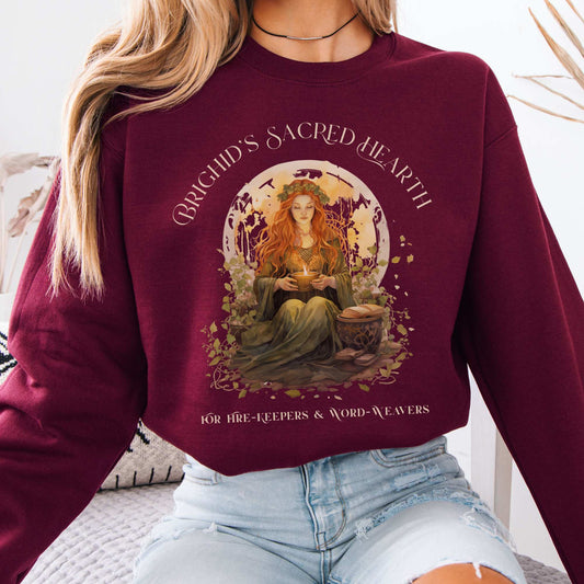 Brighid's Sacred Hearth Goddess Sweatshirt Celtic Mythology Maroon / S Sweatshirt The Mystic Eden Bookish Book Lovers