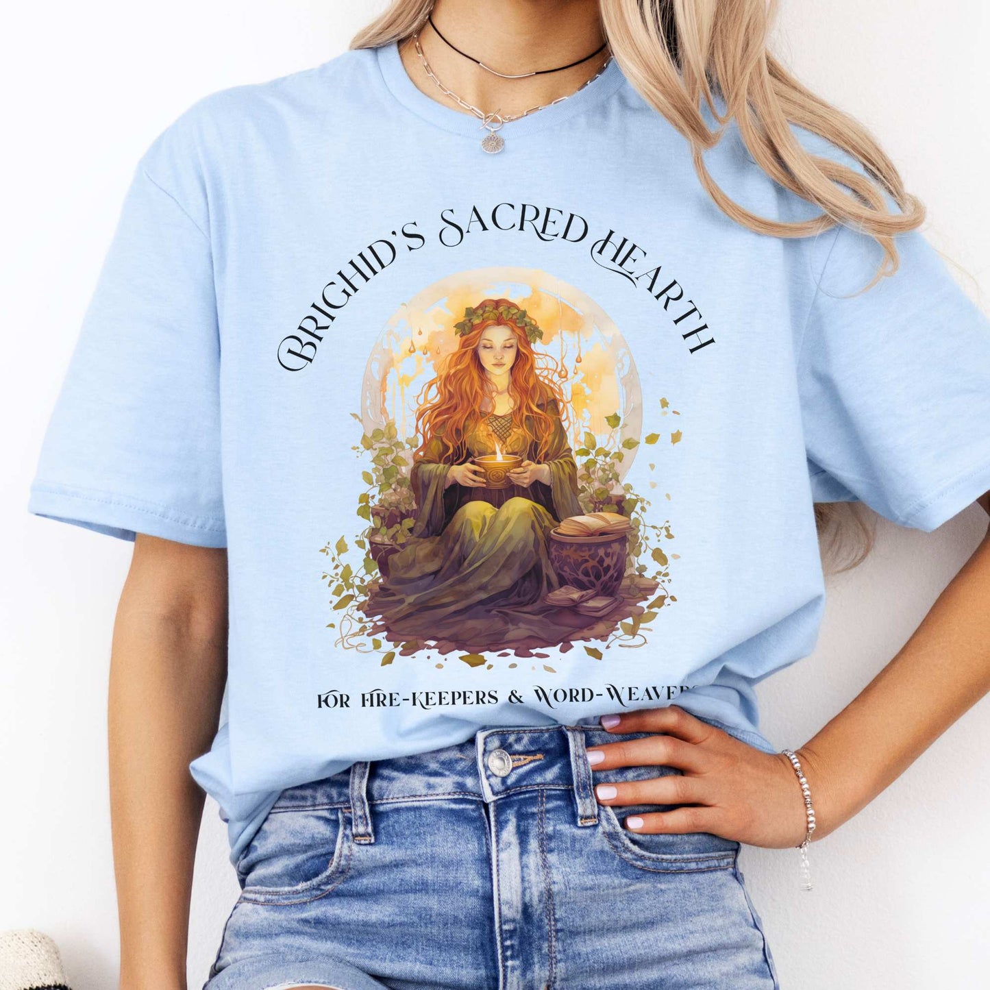 Brighid's Sacred Hearth T-Shirt – Celtic Goddess Tee Light Blue / S T-Shirt The Mystic Eden Bookish Book Lovers